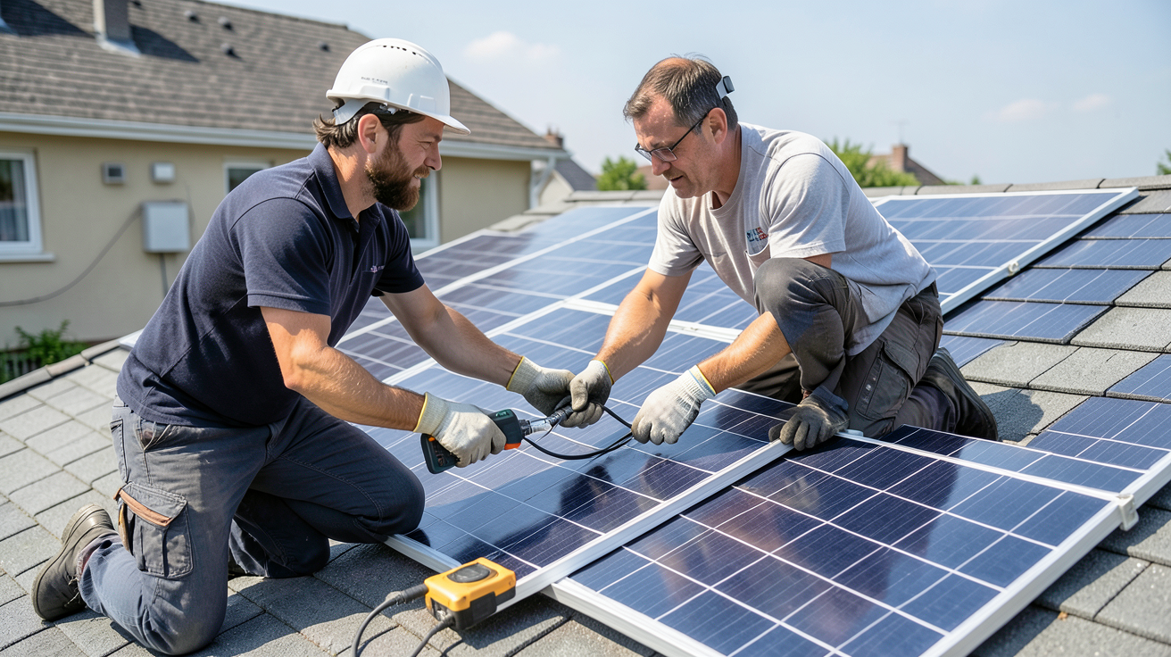 installer soi meme panneaux solaires montrant une personne installant des panneaux avec gants isolants et disjoncteur éteint