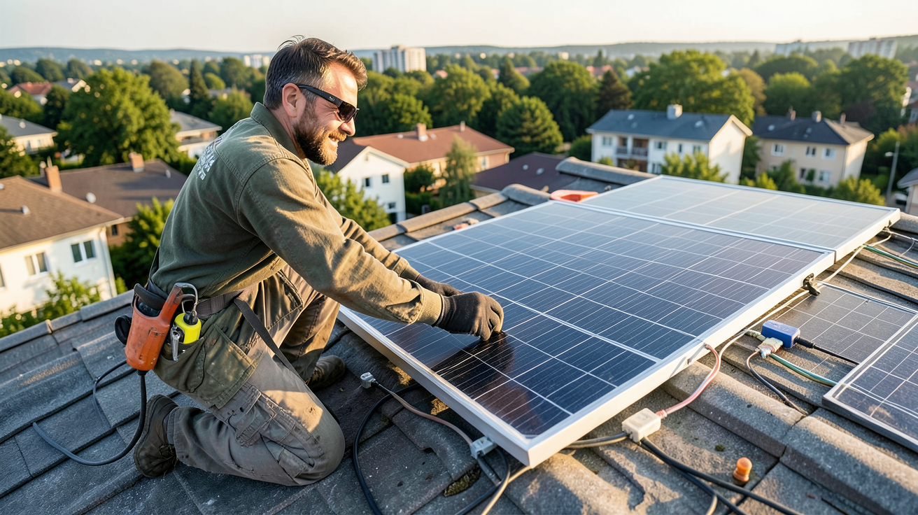 installer un panneau solaire en DIY sur un toit résidentiel avec outils et composants électriques
