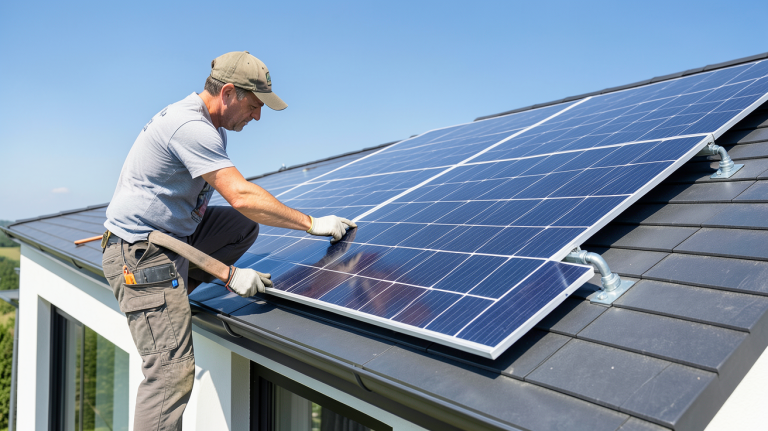 installer un panneau solaire sur le toit d'une maison résidentielle par un technicien
