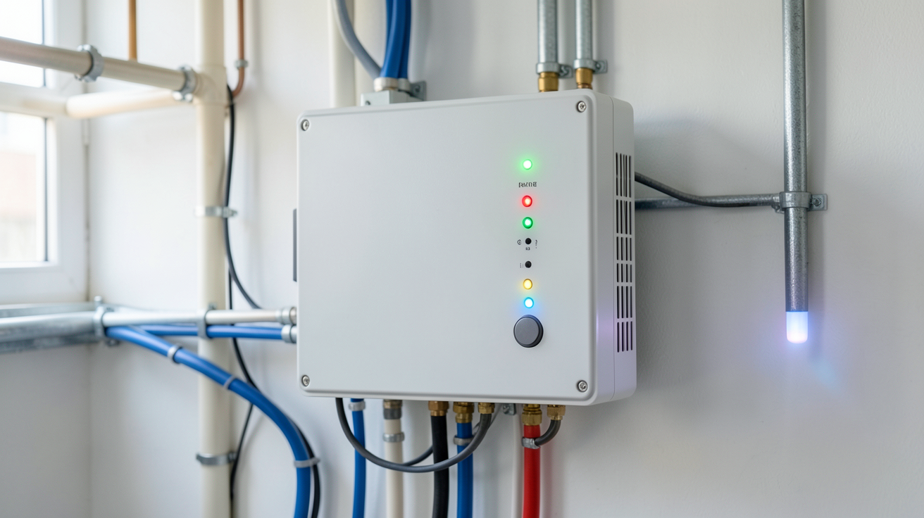 inverter solaire installé dans un local technique avec câbles organisés et voyants lumineux