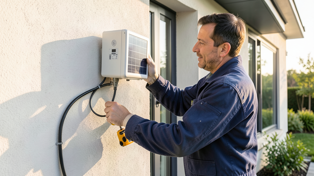 inverter solaire en cours d'installation par un technicien sur un mur extérieur de maison