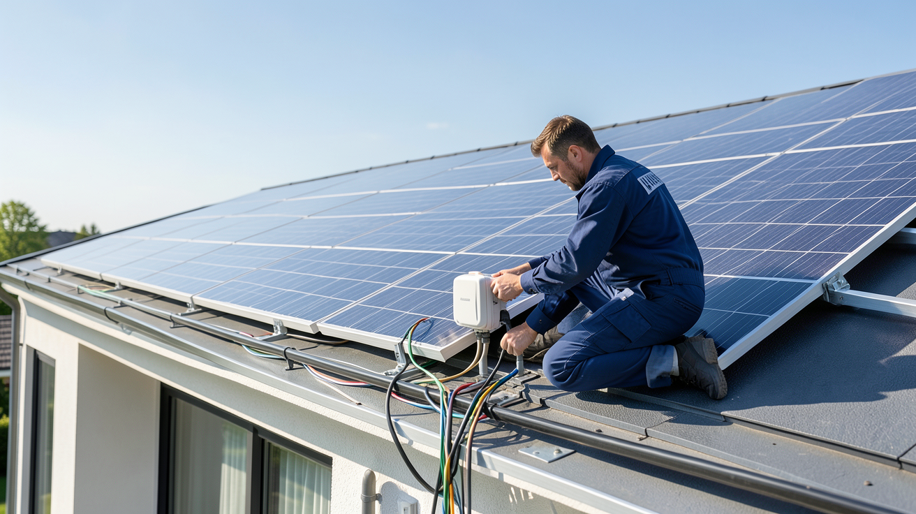 investissement panneau solaire coût installation 2026 technicien vérifiant les connexions électriques sur un toit