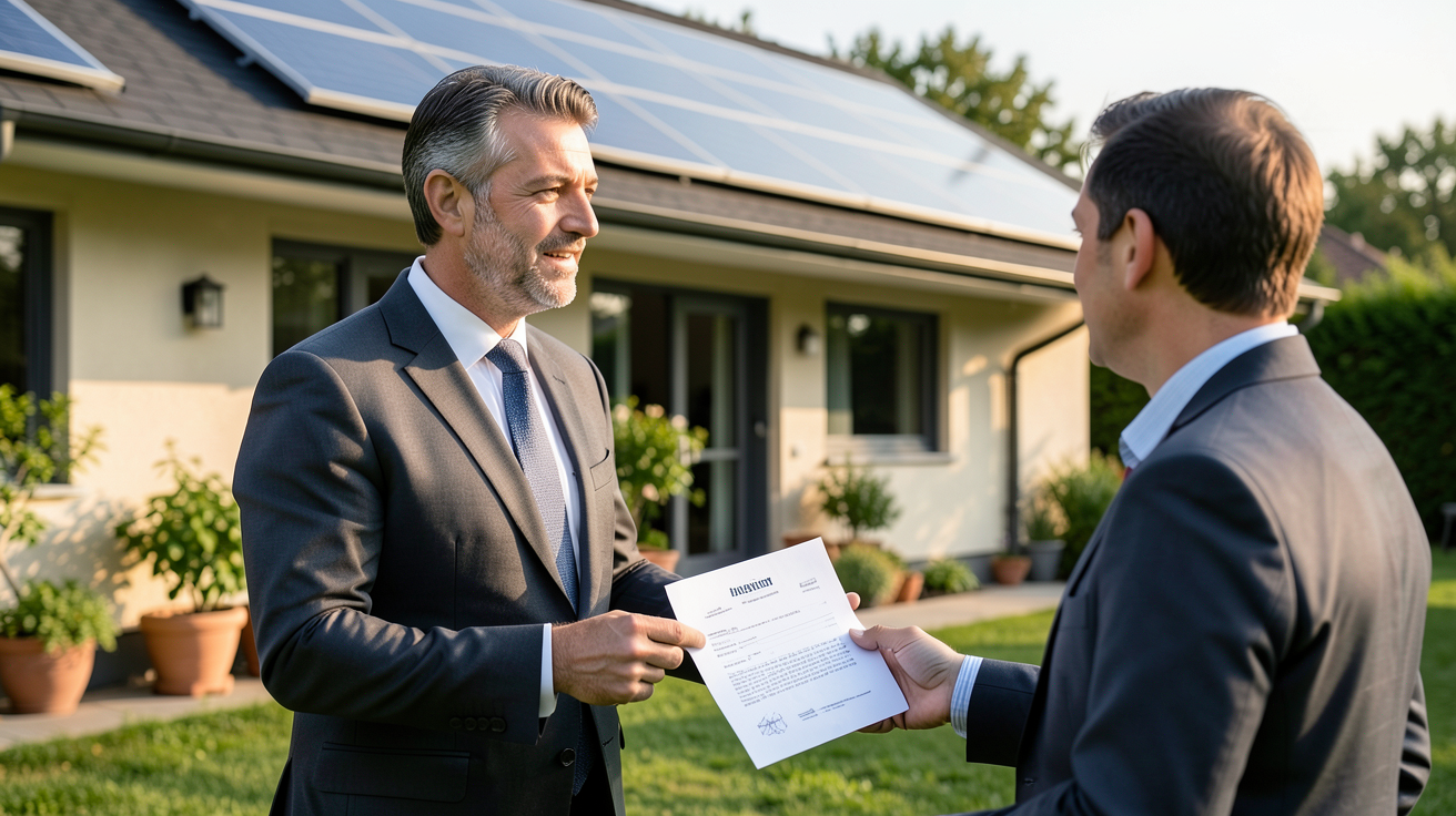 investissement panneau solaire : étapes clés pour réussir son projet solaire, professionnel et client discutant devant une maison équipée de panneaux solaires