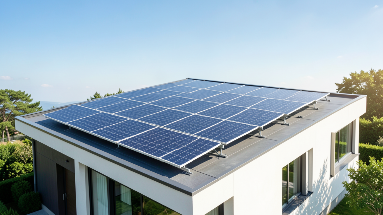 investissement photovoltaïque avec des panneaux solaires installés sur le toit d'une habitation moderne