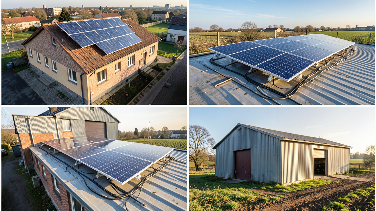 investissement photovoltaïque : quatre modèles de panneaux solaires sur différents types de toitures en 2026