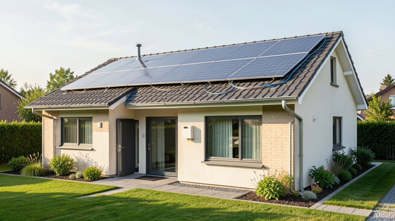 investissement photovoltaïque : maison avec panneaux solaires sur le toit, illustration d'un projet rentable en 2026