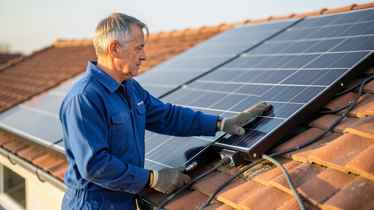 izi by edf panneau solaire présentation de l'offre avec installateur professionnel devant un panneau photovoltaïque noir