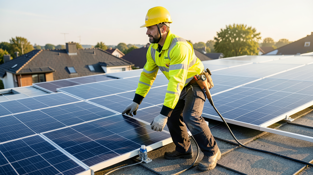 izi by edf panneaux photovoltaiques : installateur professionnel posant sur un toit avec des panneaux solaires clés en main