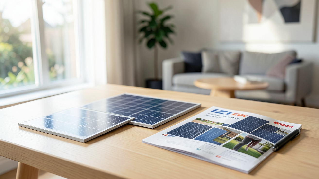 izi by edf panneaux photovoltaiques : comparatif des offres présenté sur une table avec échantillons et brochures