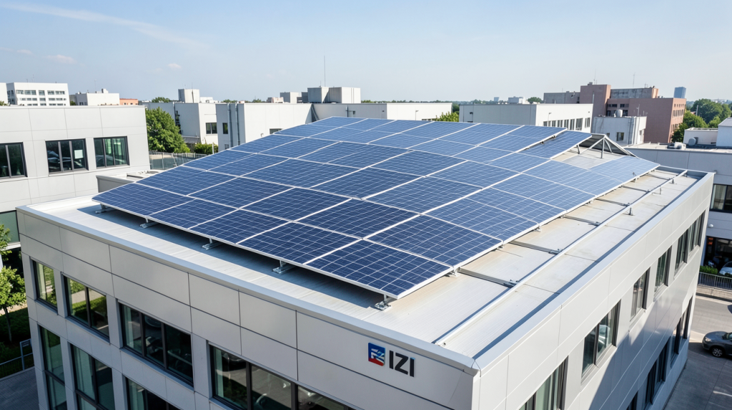 izi by edf panneaux photovoltaiques installés sur le toit d'un bâtiment commercial, capturés en pleine lumière naturelle