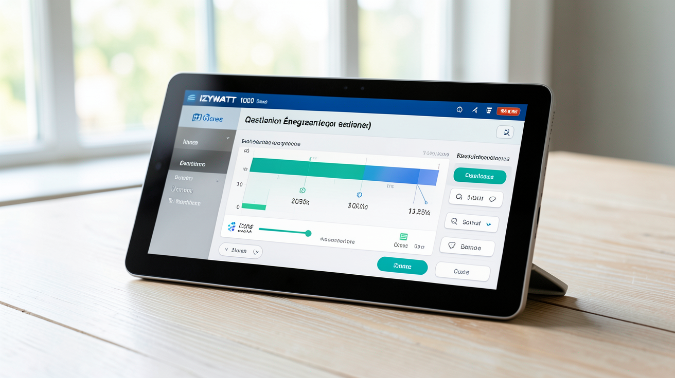 izywatt 1000 écran tactile posé sur une table en bois clair affichant une interface de gestion énergétique
