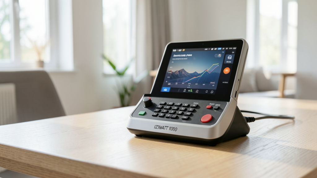 izywatt 1000 moniteur d'énergie intelligent posé sur une table en bois clair dans un intérieur moderne