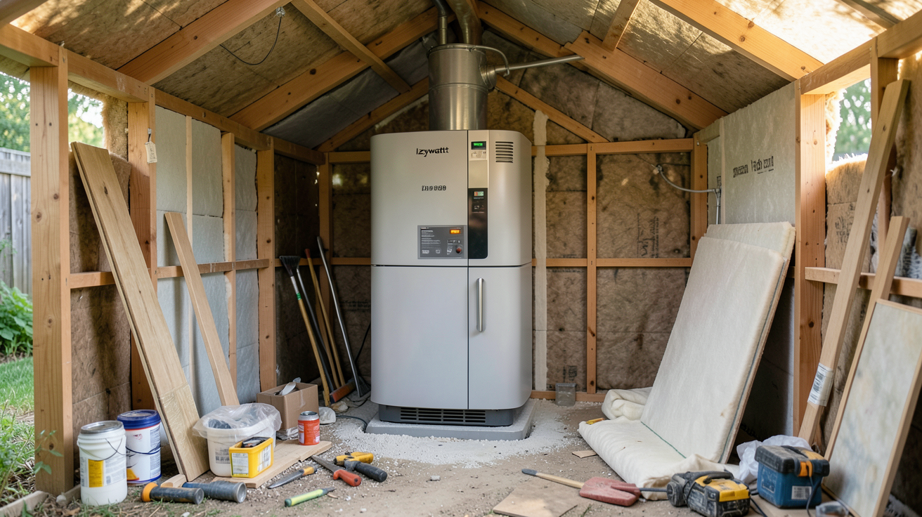 izywatt 288 installé dans un abri de jardin en rénovation énergétique avec outils de chantier