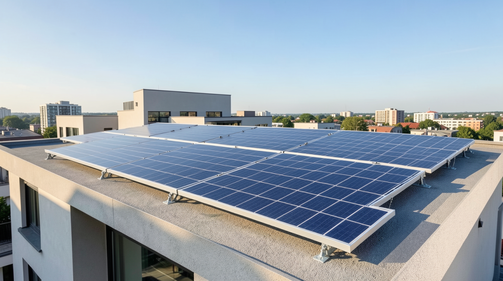 k2 photovoltaique installé sur le toit d'une maison urbaine moderne avec des panneaux solaires K2 Energy