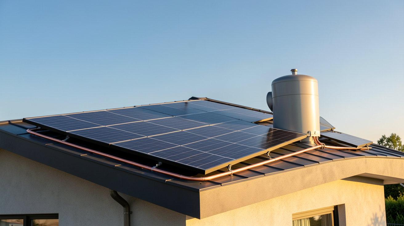 kit chauffe eau solaire à circulation forcée installé sur le toit d'une maison moderne avec ballon de stockage