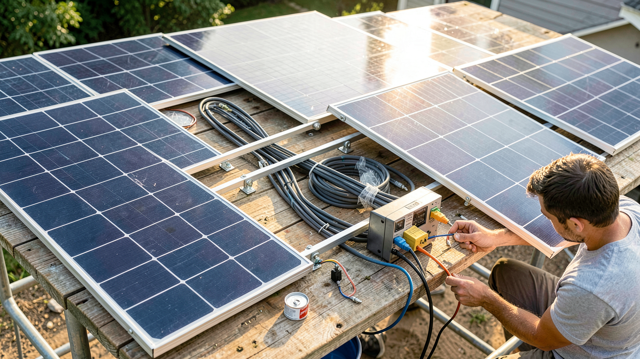 kit panneau photovoltaïque prix : étapes d'installation montrant le déballage, la préparation et la pose des composants sur un toit