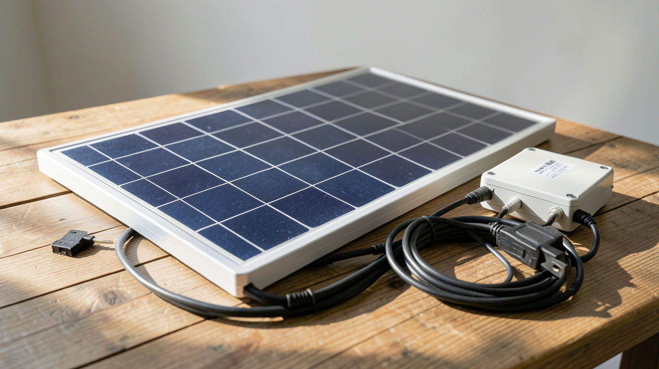 kit panneau solaire prix avec panneaux photovoltaïques, onduleur et accessoires posés sur une table en bois