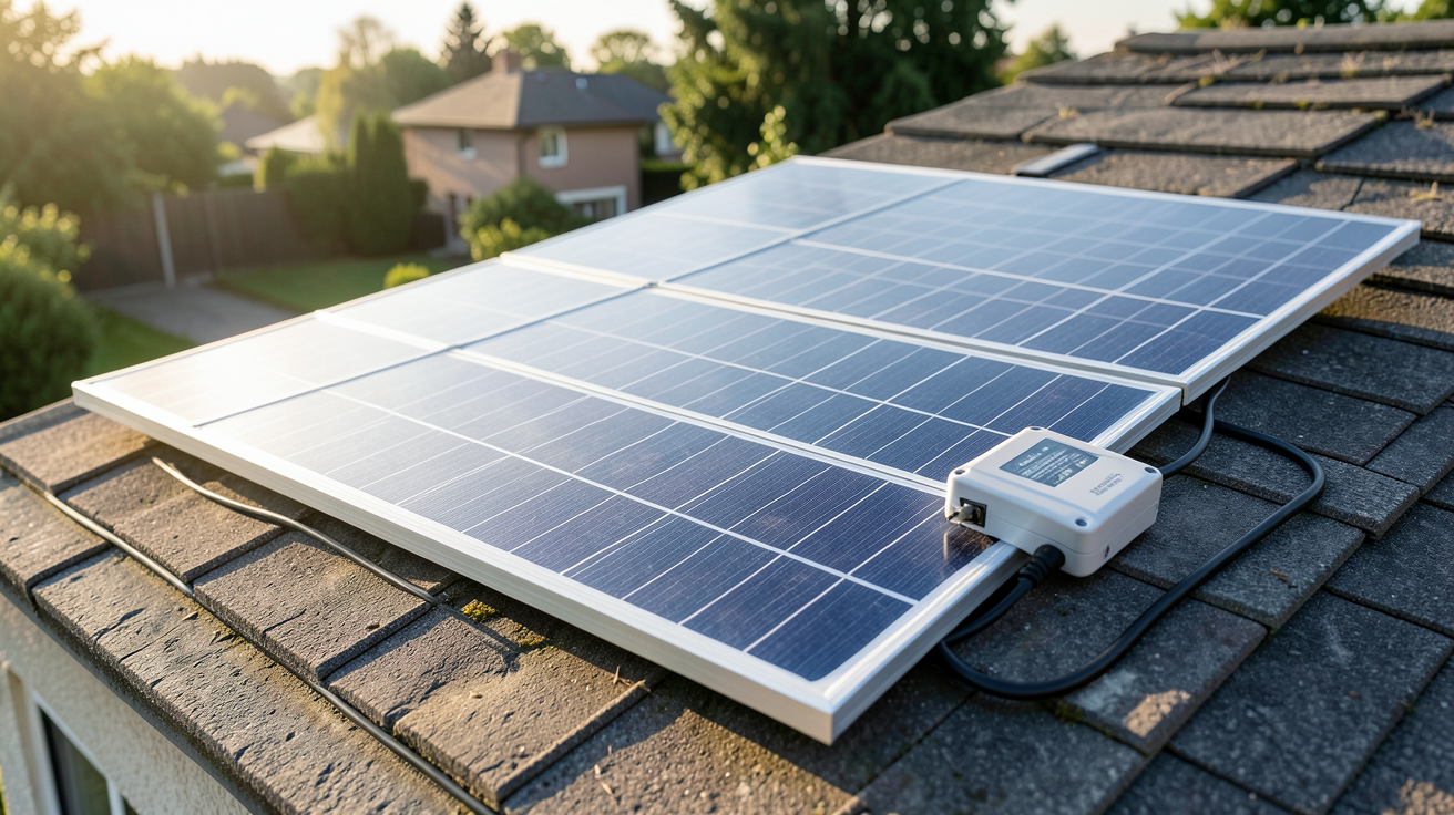 kit solaire Plug & Play installé sur un toit de maison avec panneaux solaires et micro-onduleur