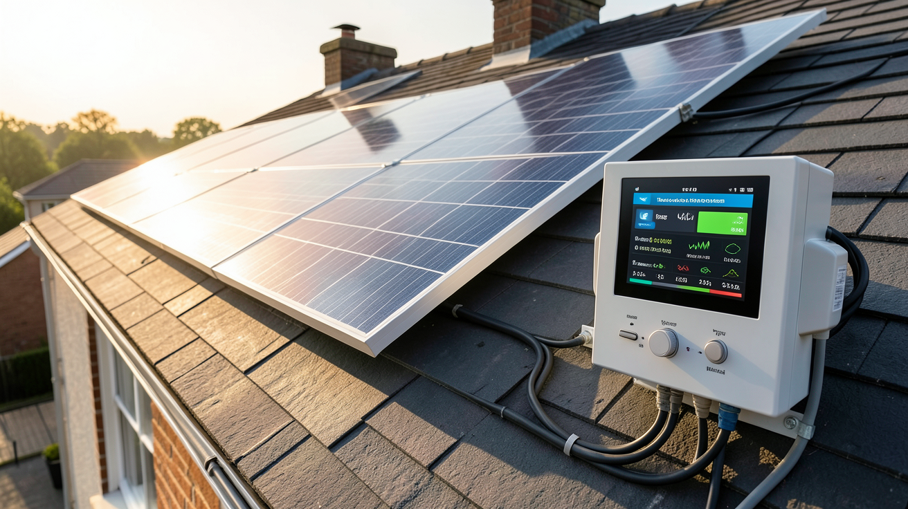 kits panneaux solaires installés sur un toit avec tableau de bord affichant le retour sur investissement