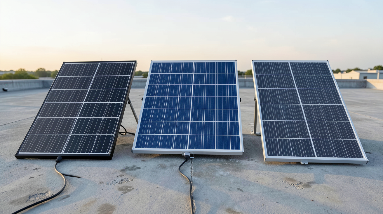 kits panneaux solaires de différents types : monocristallin noir, polycristallin bleu et couches minces gris anthracite installés sur un toit