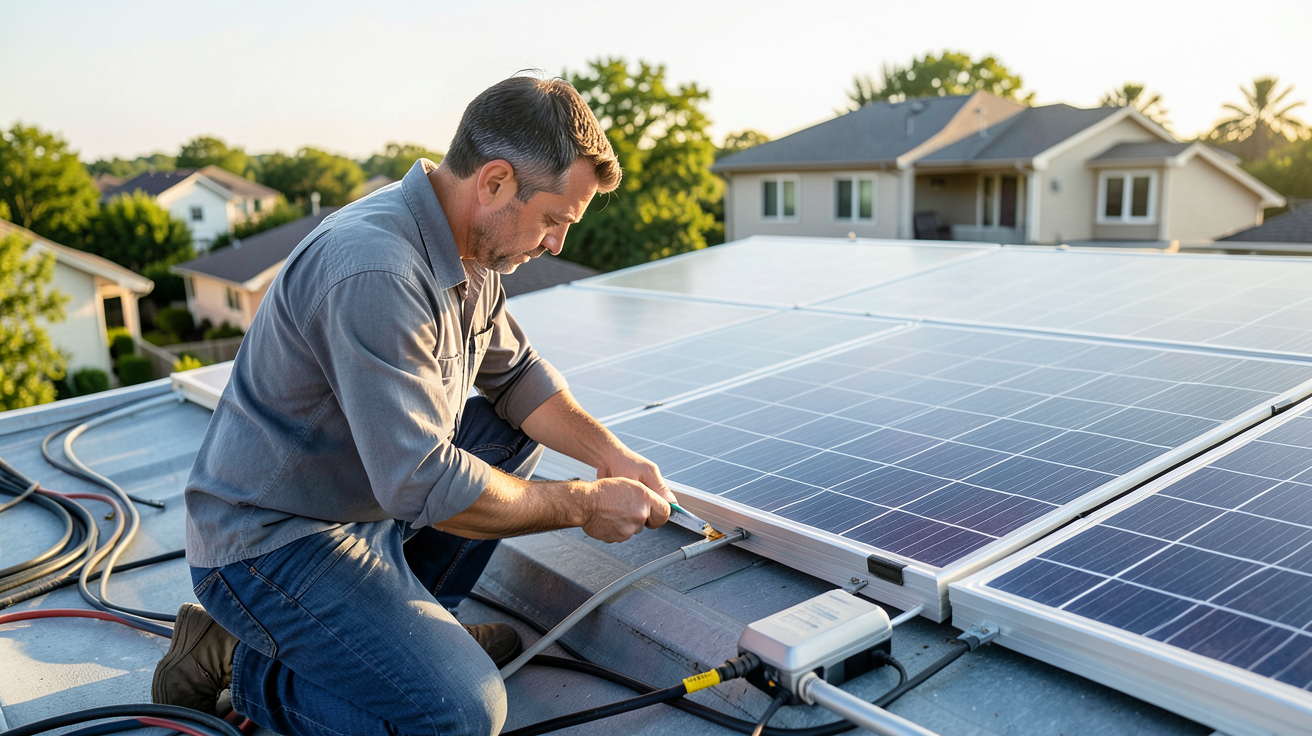 kits panneaux solaires dimensionnement installation par un technicien sur un toit