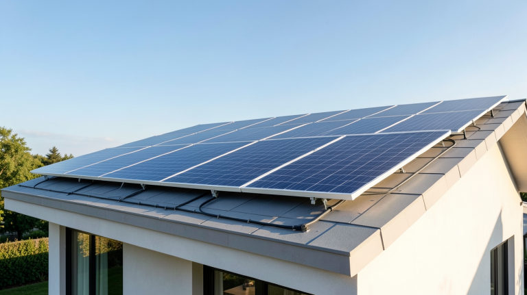 kits panneaux solaires installés sur le toit d'une maison contemporaine