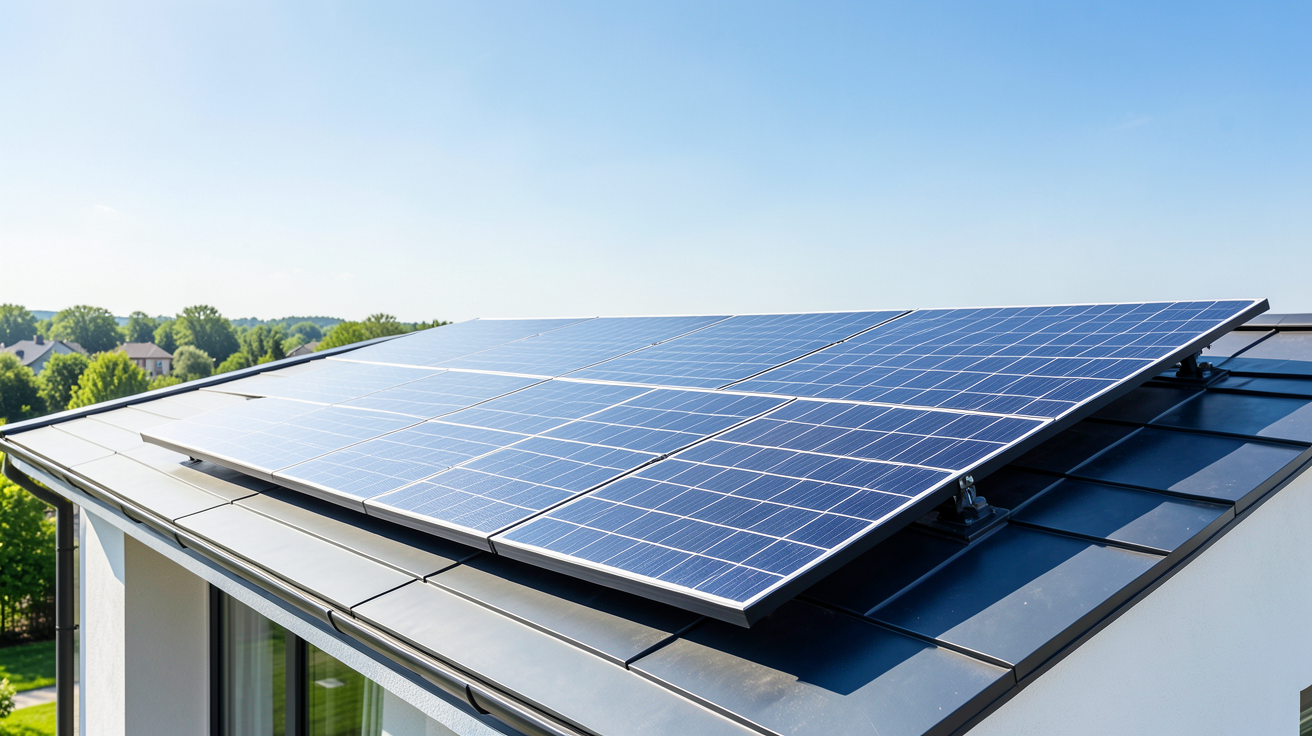 kits solaires autoconsommation installés sur la toiture d'une maison moderne sous un soleil radieux