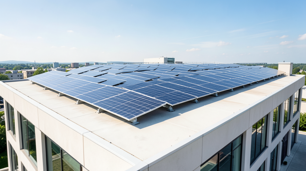 kits solaires autoconsommation installés sur le toit d'un bâtiment commercial, capturés en plein jour avec une lumière naturelle