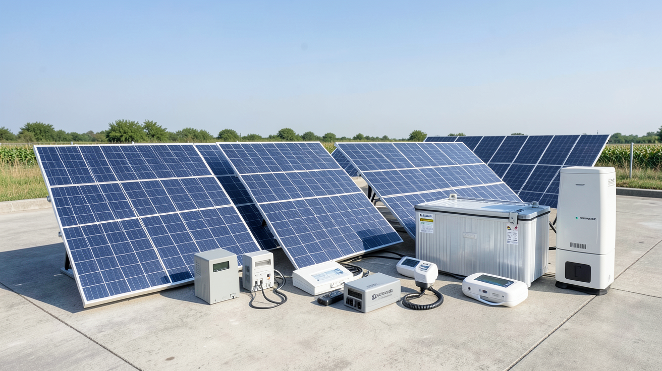 kits solaires autonomes présentant différents types de panneaux, batteries et régulateurs exposés en extérieur