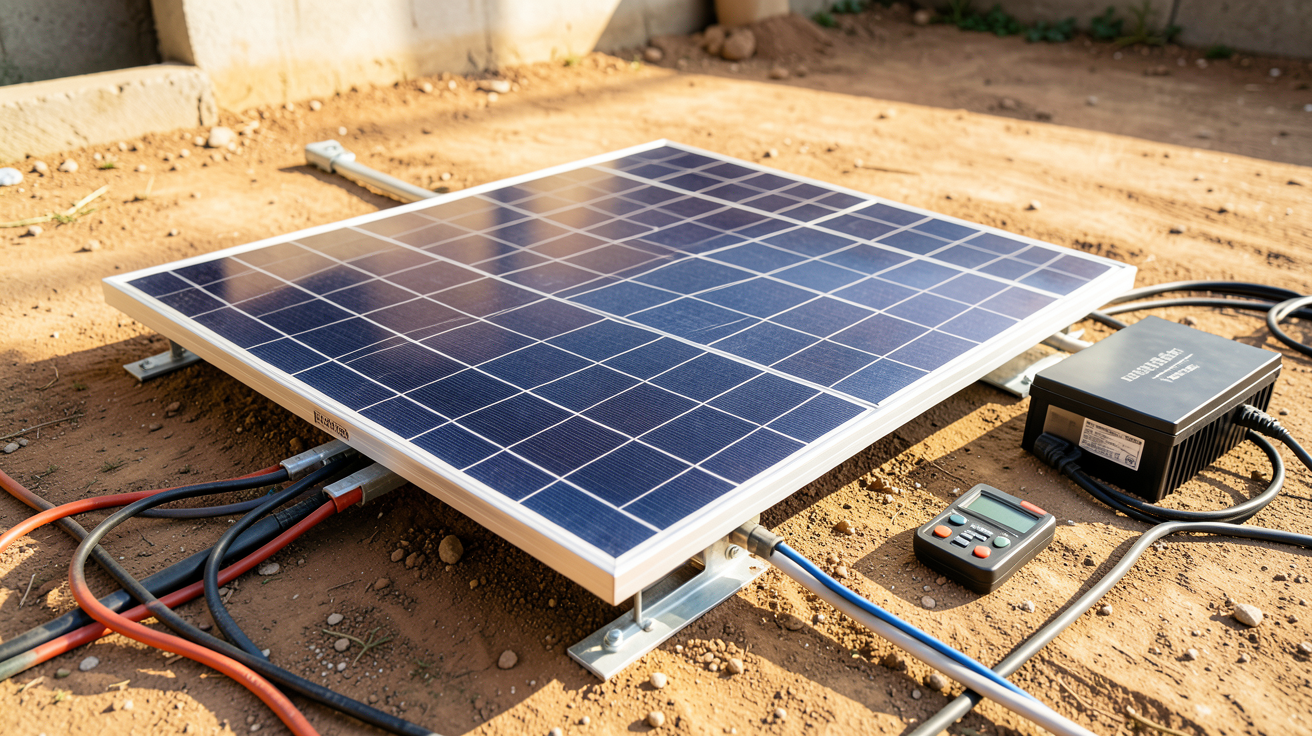 kits solaires autonomes en cours de dimensionnement avec panneaux solaires, régulateur de charge et multimètre