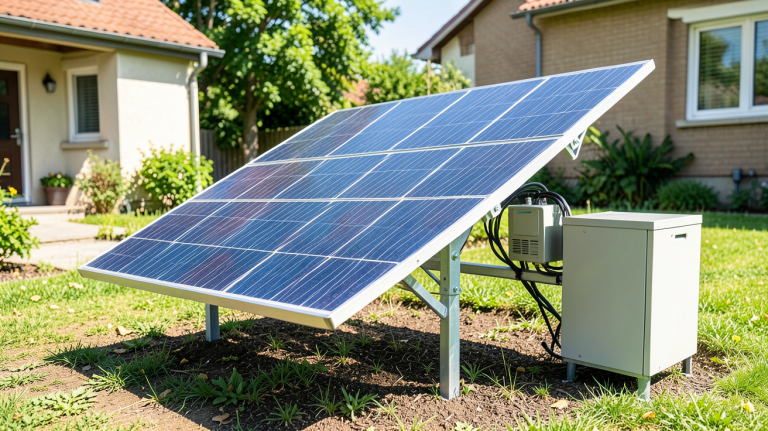 kits solaires autonomes installés dans un jardin ensoleillé pour une production d'énergie propre.