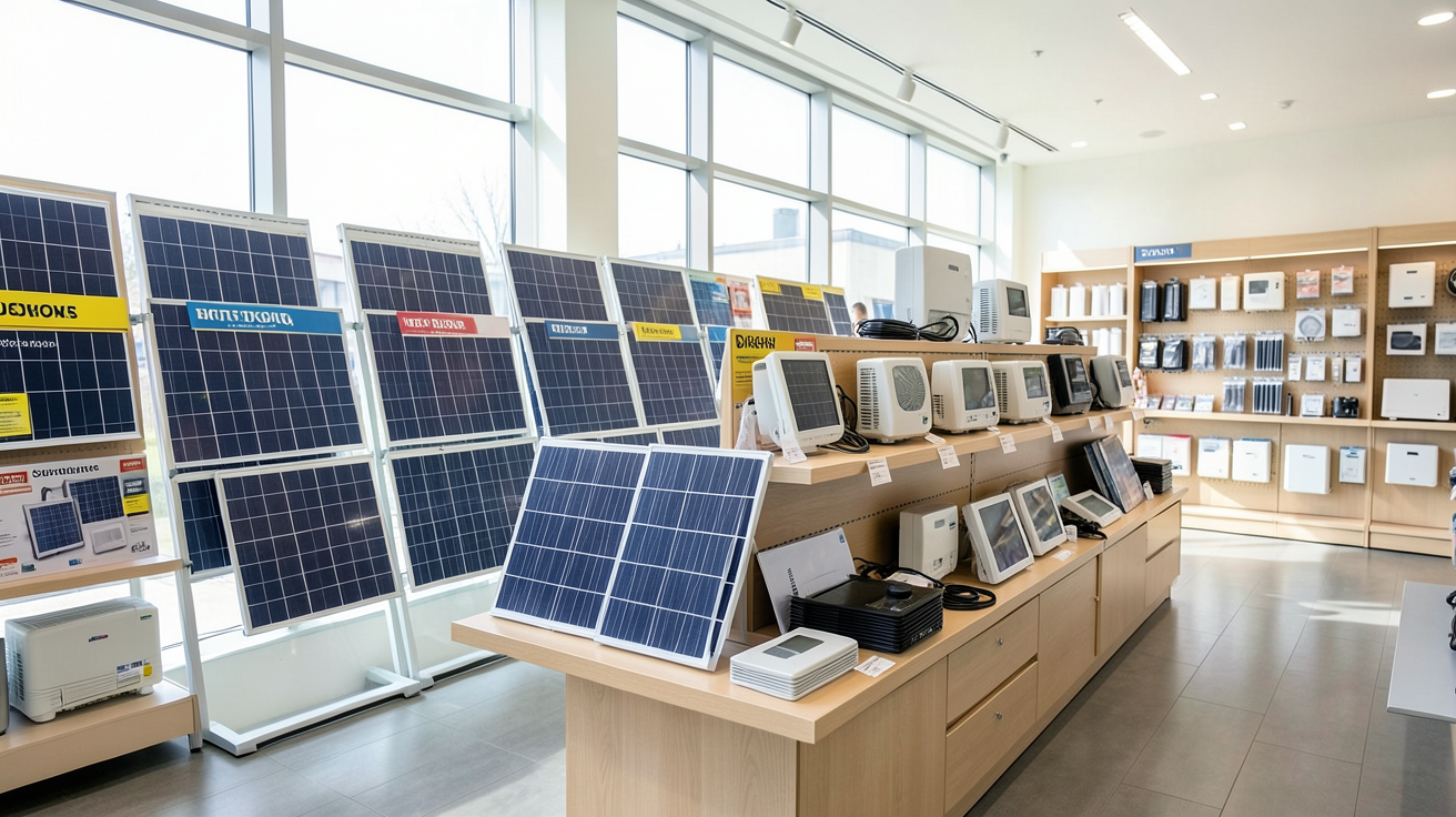 kitsolaire discount présentant différentes catégories de kits solaires photovoltaïques exposés en magasin