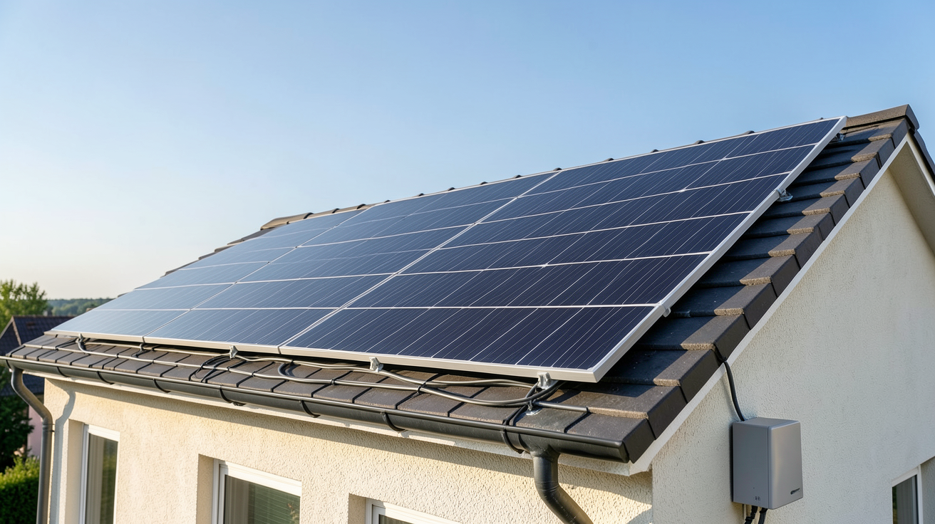 kitsolaire discount installé sur le toit d'une maison individuelle avec panneaux solaires noirs et onduleur discret