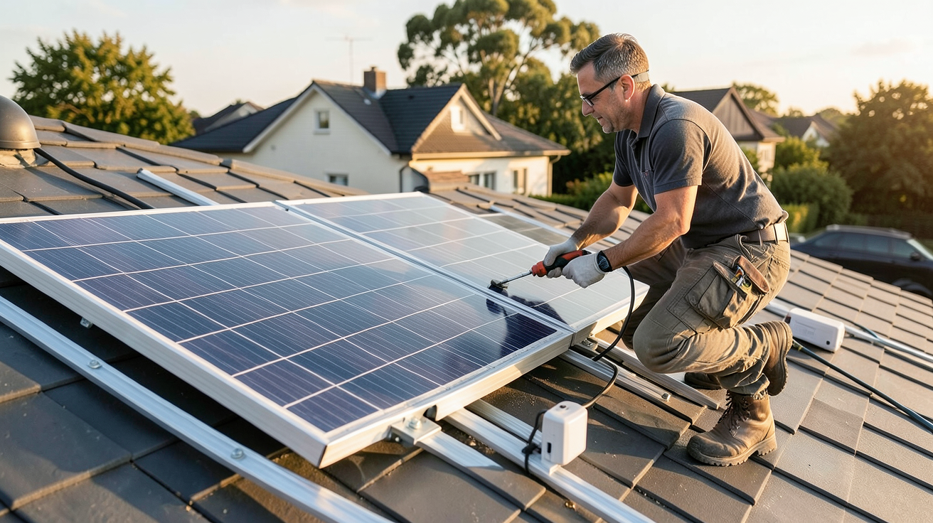 kitsolaire guide d'installation pas à pas montrant un professionnel installant des panneaux solaires sur un toit