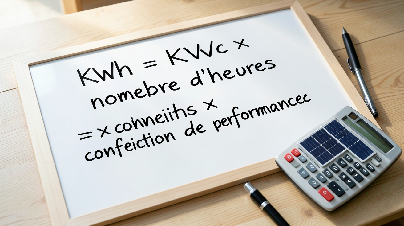 kwc en kWh formule de conversion affichée sur un tableau blanc avec stylo et calculatrice