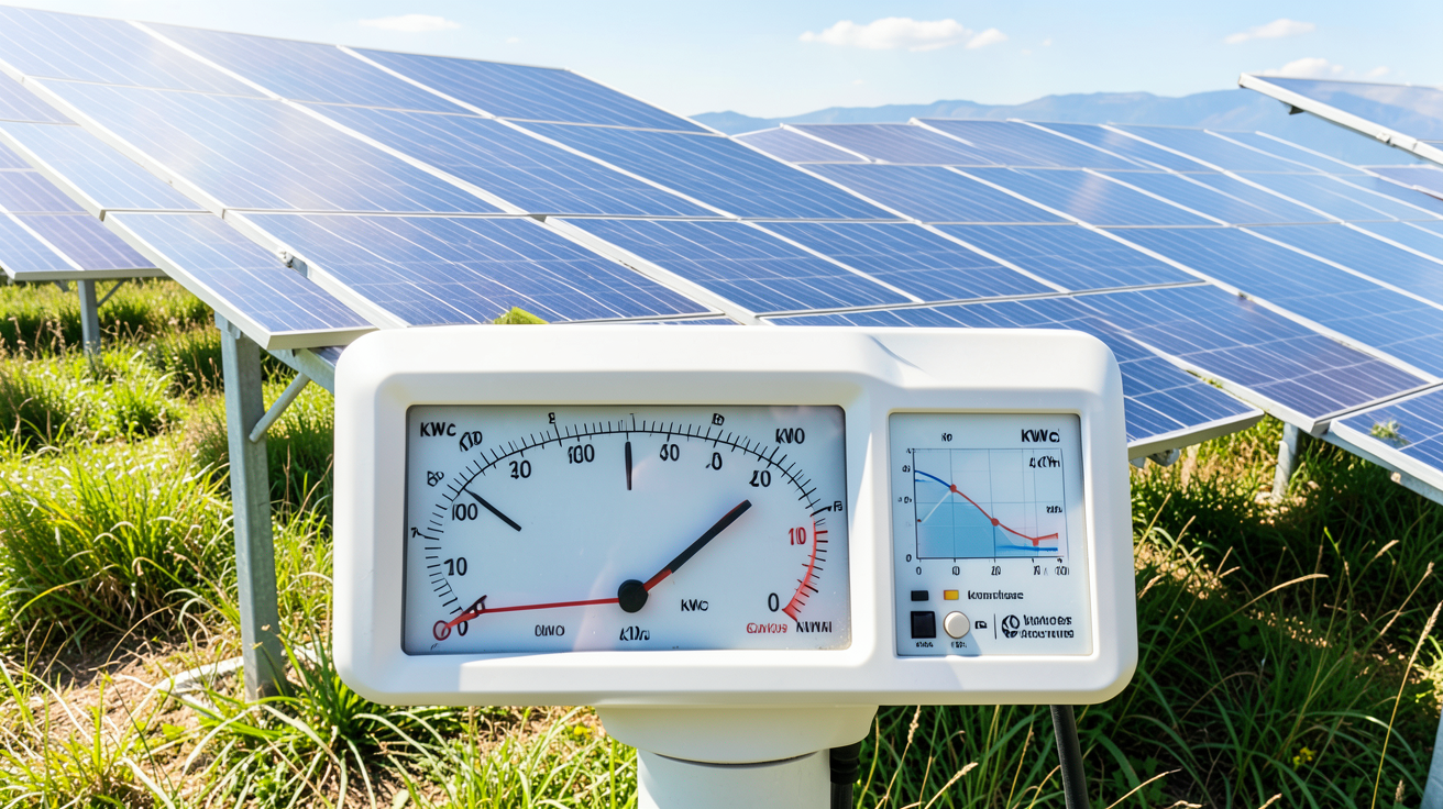 kwc kwh photo d'un compteur d'énergie analogique devant des panneaux solaires, illustrant la conversion de puissance crête en production d'électricité