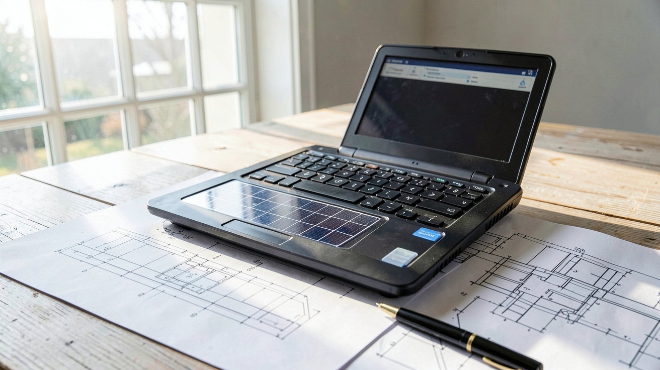 kwc panneau solaire calculateur de puissance posé sur une table avec des plans architecturaux et un stylo