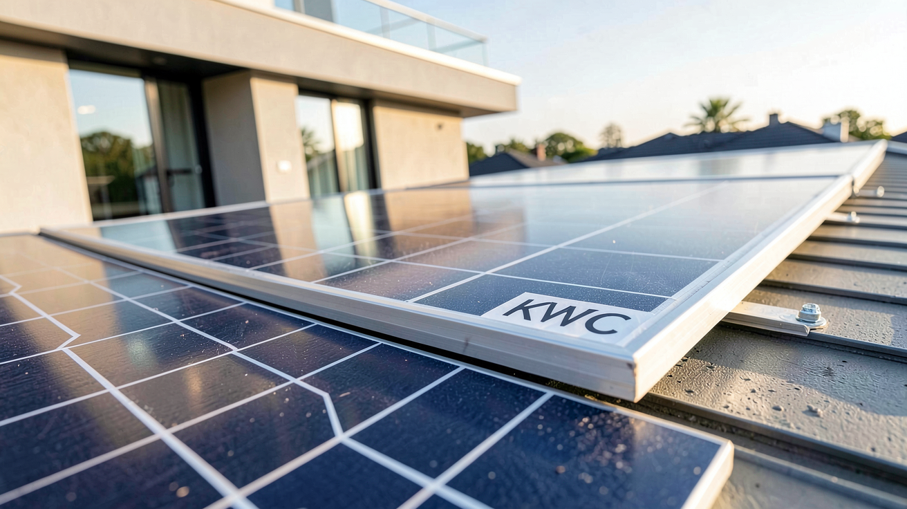 kwc panneau solaire installé sur un toit de maison moderne avec étiquette de puissance en kWc