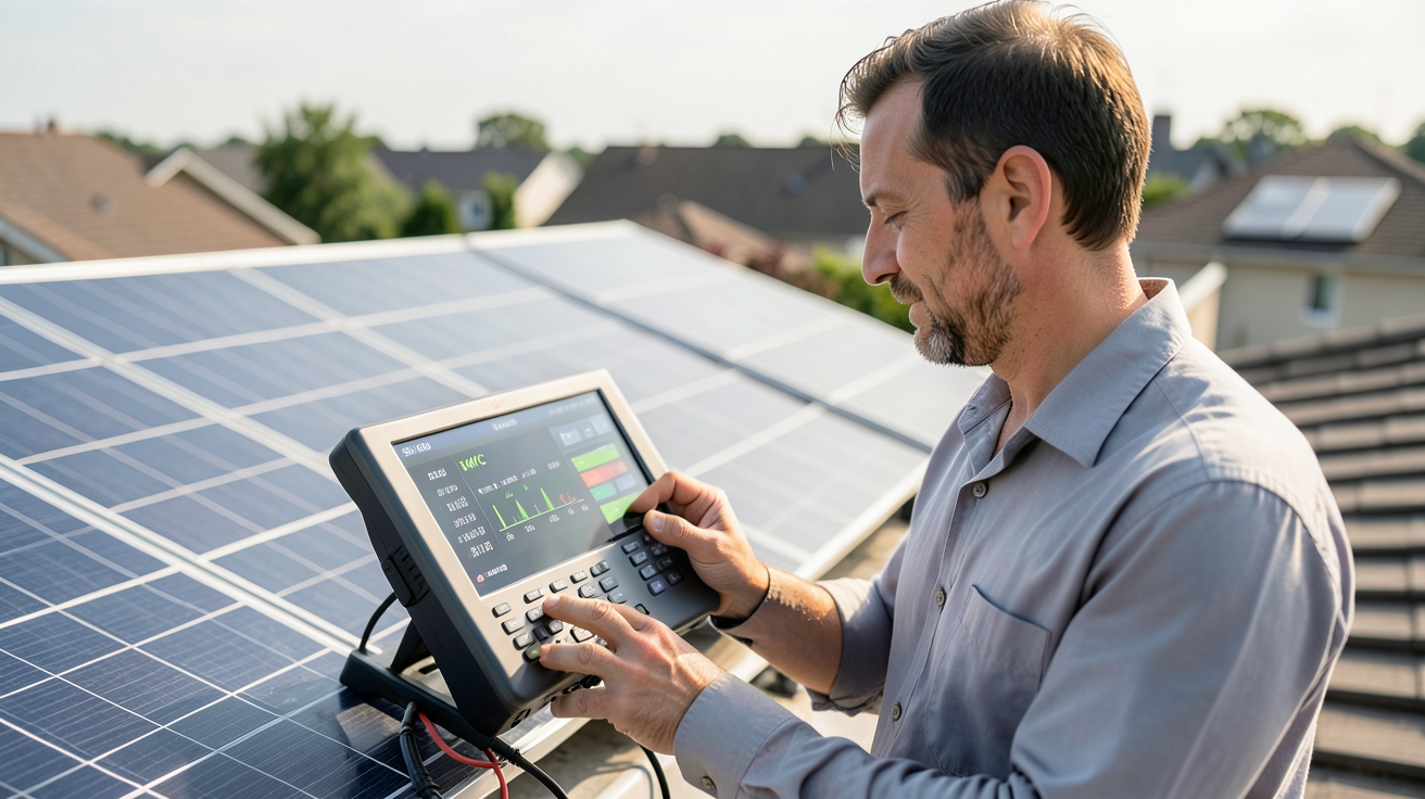 kwc photovoltaïque calculé à l'aide d'un calculateur numérique par un installateur solaire devant une installation de panneaux solaires