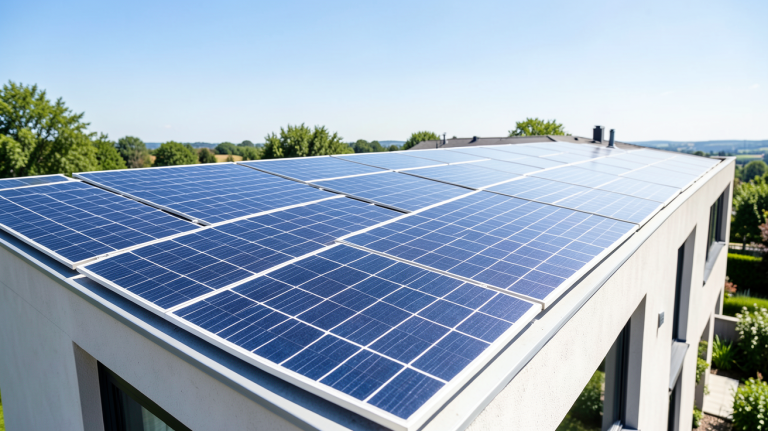 kwc photovoltaique installé sur le toit d'une résidence moderne sous un ciel bleu clair