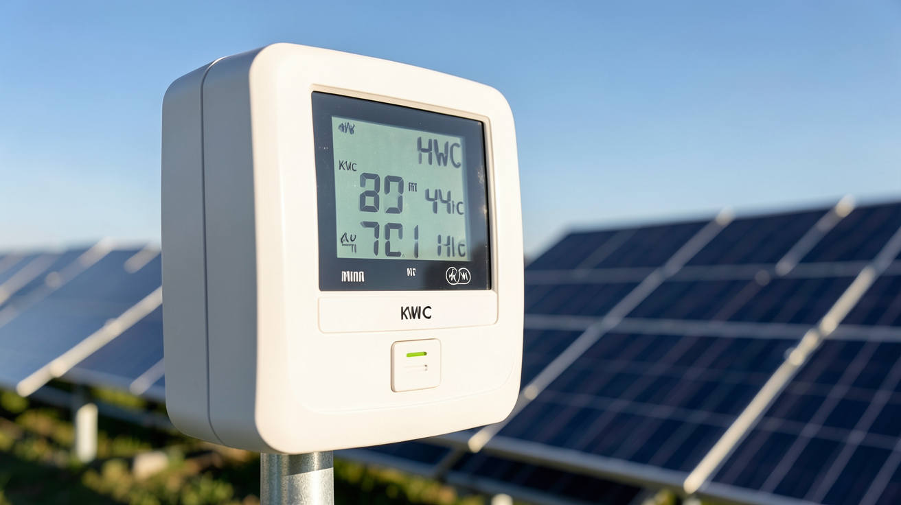 kWh vs kWc : compteur électrique numérique affichant des valeurs en kWh et kWc avec des panneaux solaires en arrière-plan