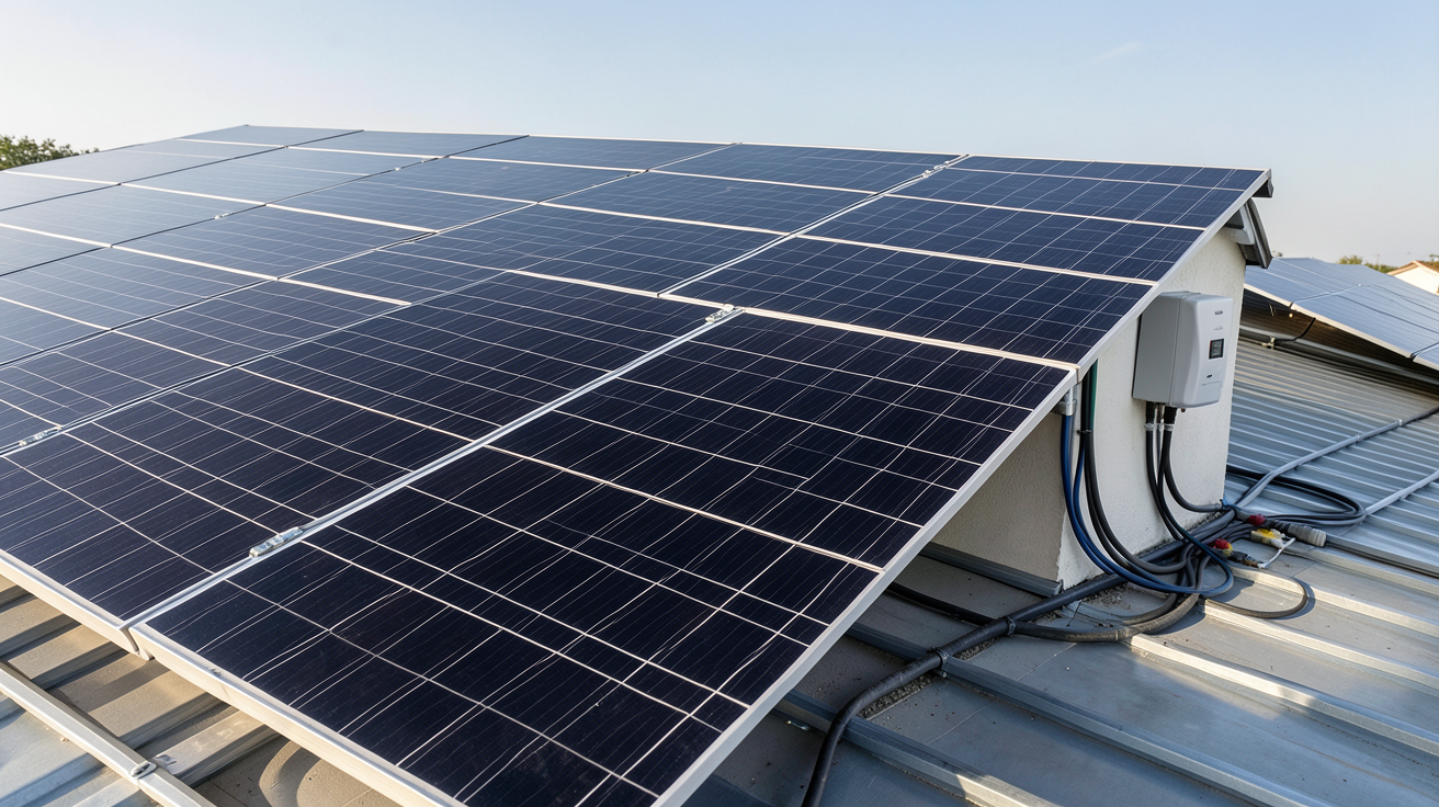 l énergie solaire photovoltaïque : vue réaliste des composants d'une installation solaire avec panneaux, onduleur et câbles