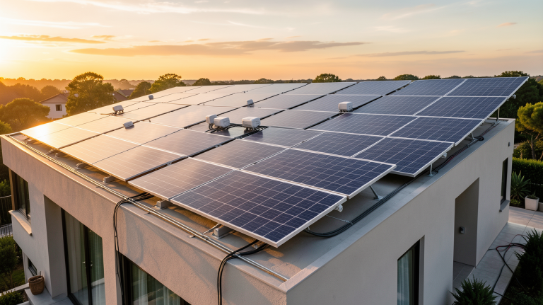 l énergie solaire photovoltaïque : installation de panneaux solaires sur le toit d'une maison contemporaine
