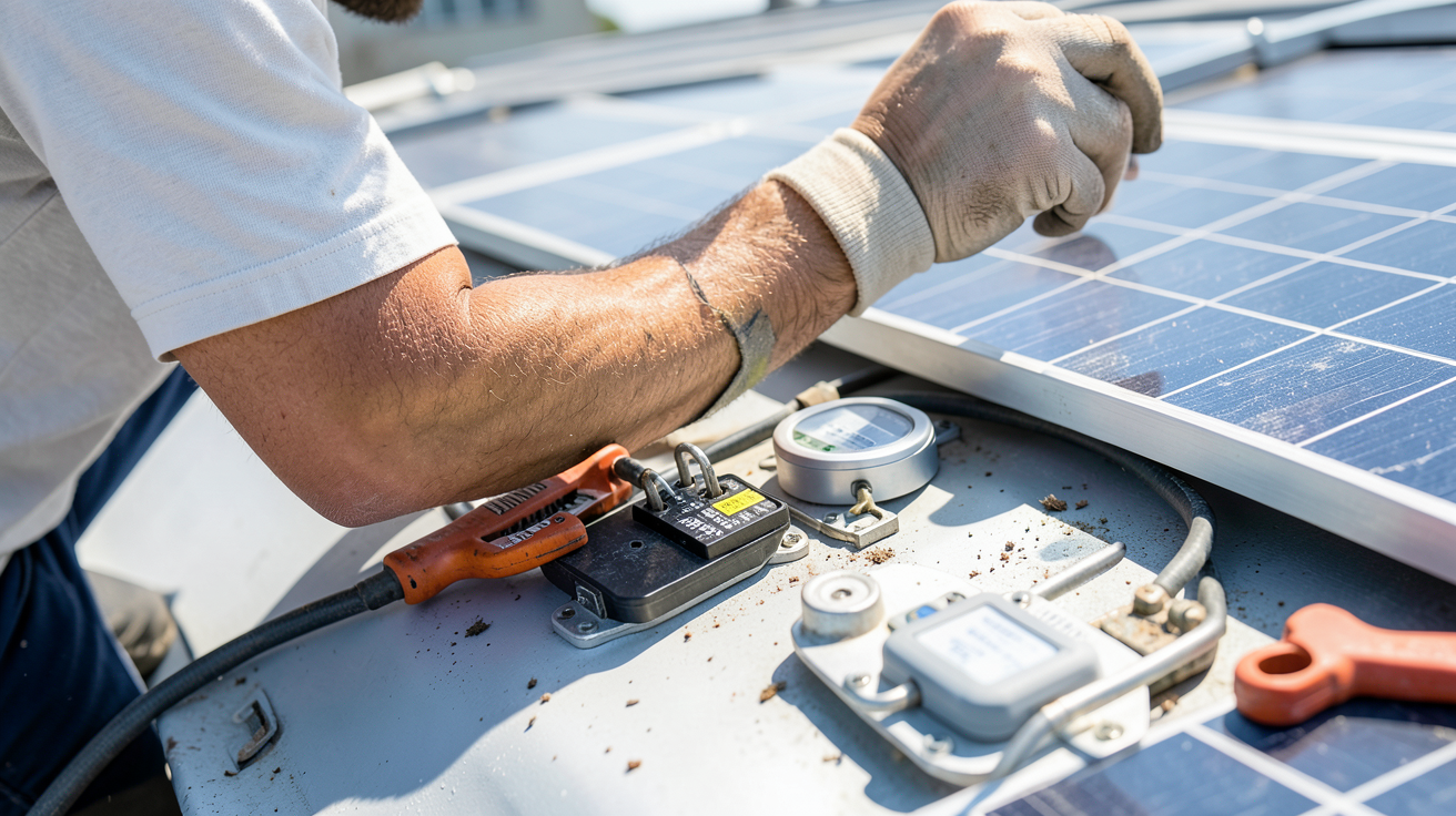 l énergie solaire thermique faisant l'objet d'un entretien technique par un spécialiste sur une toiture.
