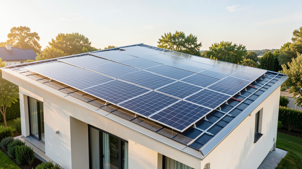 l installation des panneaux solaires sur le toit d'une maison moderne, capturée en pleine lumière naturelle.