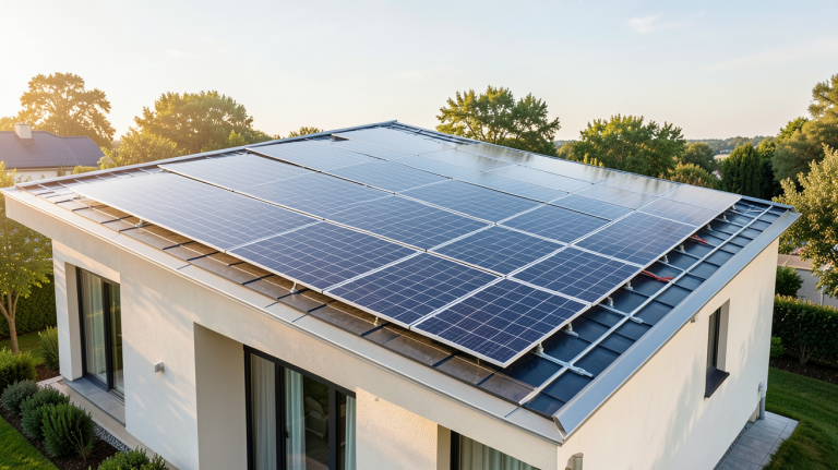 l installation des panneaux solaires sur le toit d'une maison moderne, capturée en pleine lumière naturelle.