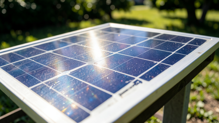 la cellule photovoltaïque en silicium monocristallin exposée à la lumière du soleil avec des détails techniques visibles