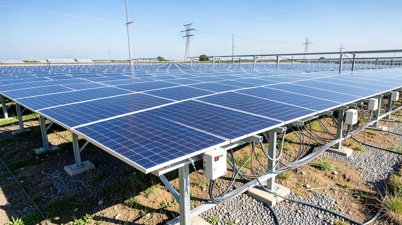 la centrale photovoltaïque montrant les principaux composants : panneaux solaires, onduleurs et structures de support