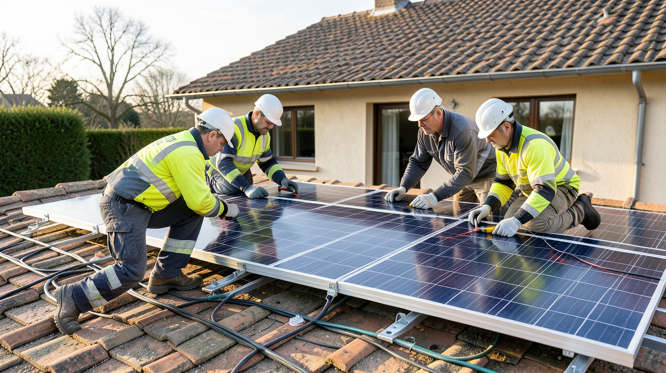 la centrale photovoltaïque processus d'installation et démarches administratives en France : équipe d'installateurs en train de poser des panneaux solaires sur un toit