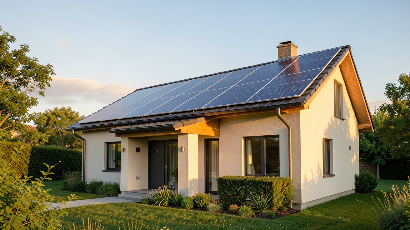 la maison ecolo panneaux photovoltaïques installés sur le toit d'une maison écologique, illustrant les économies réalisables sur la facture d'électricité